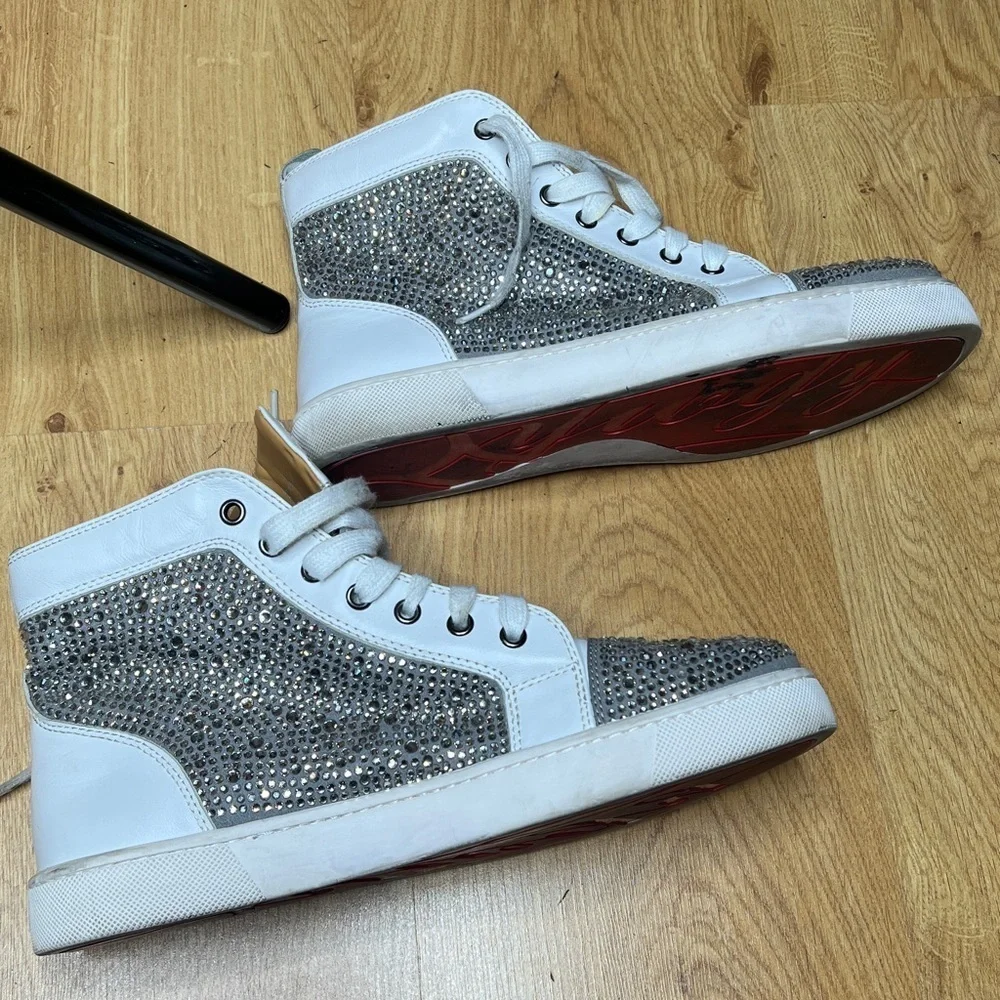 Crystal Rhinestone Sz 10.5 / EU 41 White Leather Hightop Sneakers Red Sole